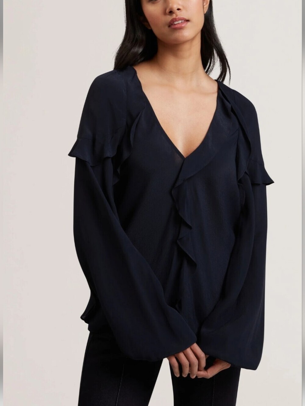 NWT Ted Baker Dark Navy Ruffle V-Neck Blouse